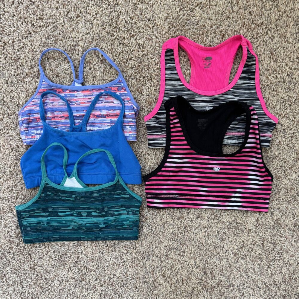 (5) sports bra girl size medium 7/8 EUC new balance old navy 7 8 cheer